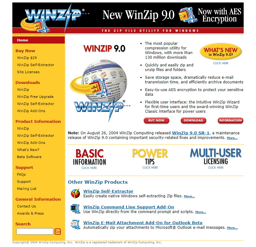 WinZip website in 2004