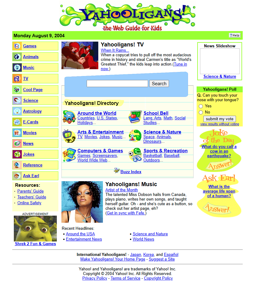 Yahooligans! website in 2004