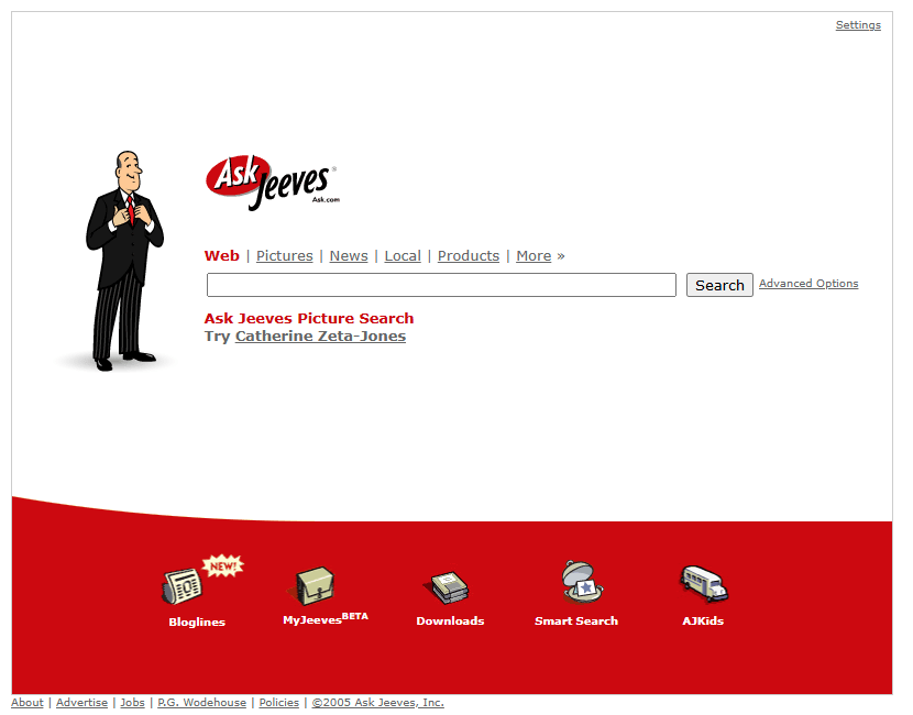 Ask Jeeves website in 2005