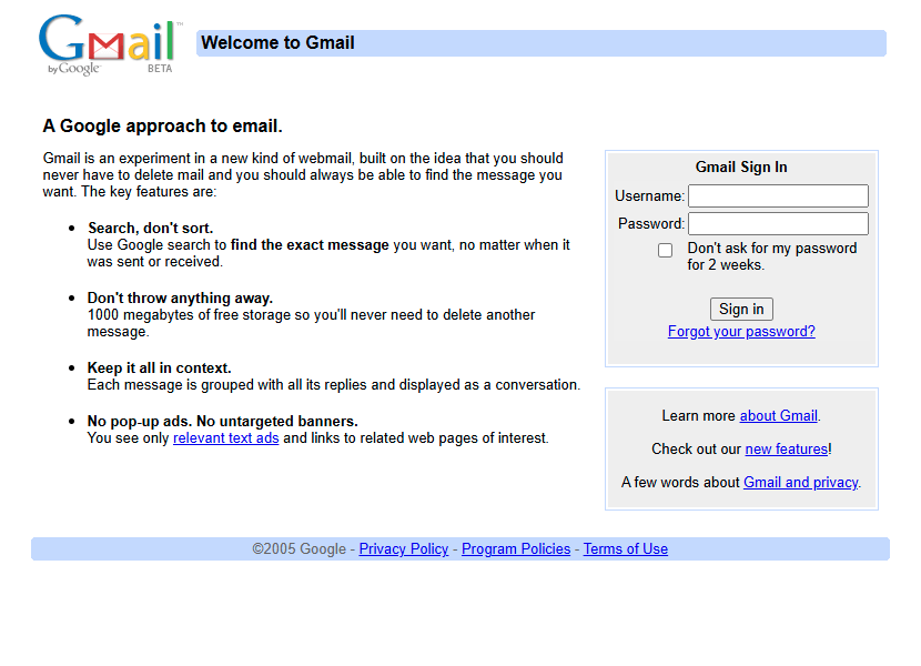 Gmail website in 2005