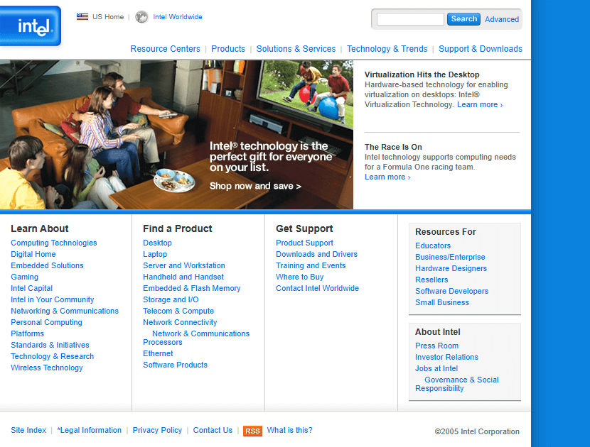 Intel website in 2005
