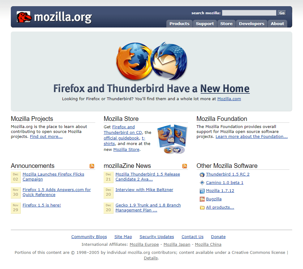 Mozilla.org website in 2005