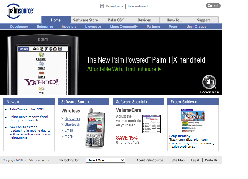 PalmSource website in 2005