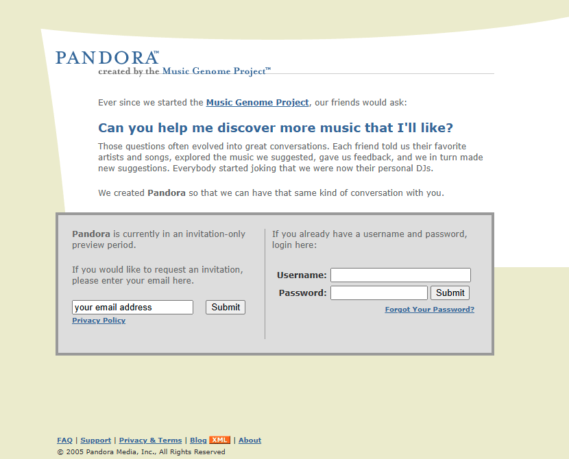 Pandora website in 2005