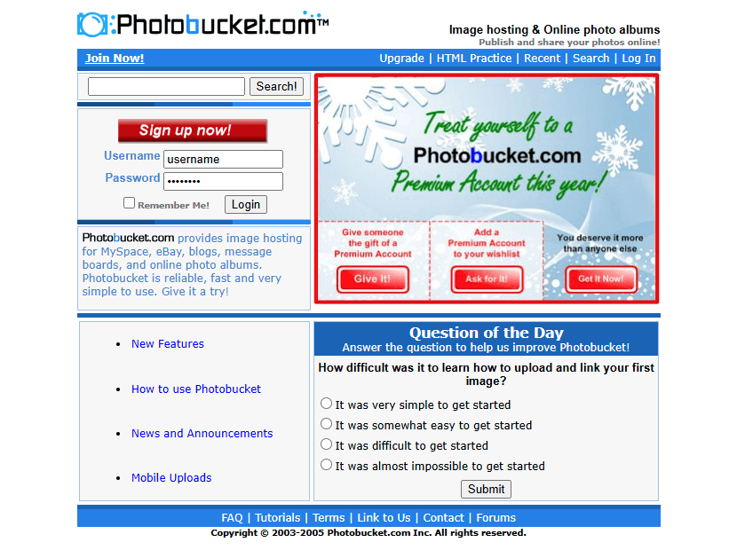 Photobucket website in 2005