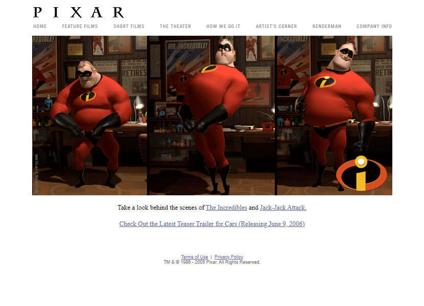 Pixar website in 2005