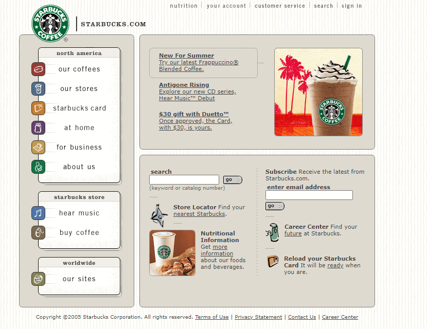 Starbucks website in 2005