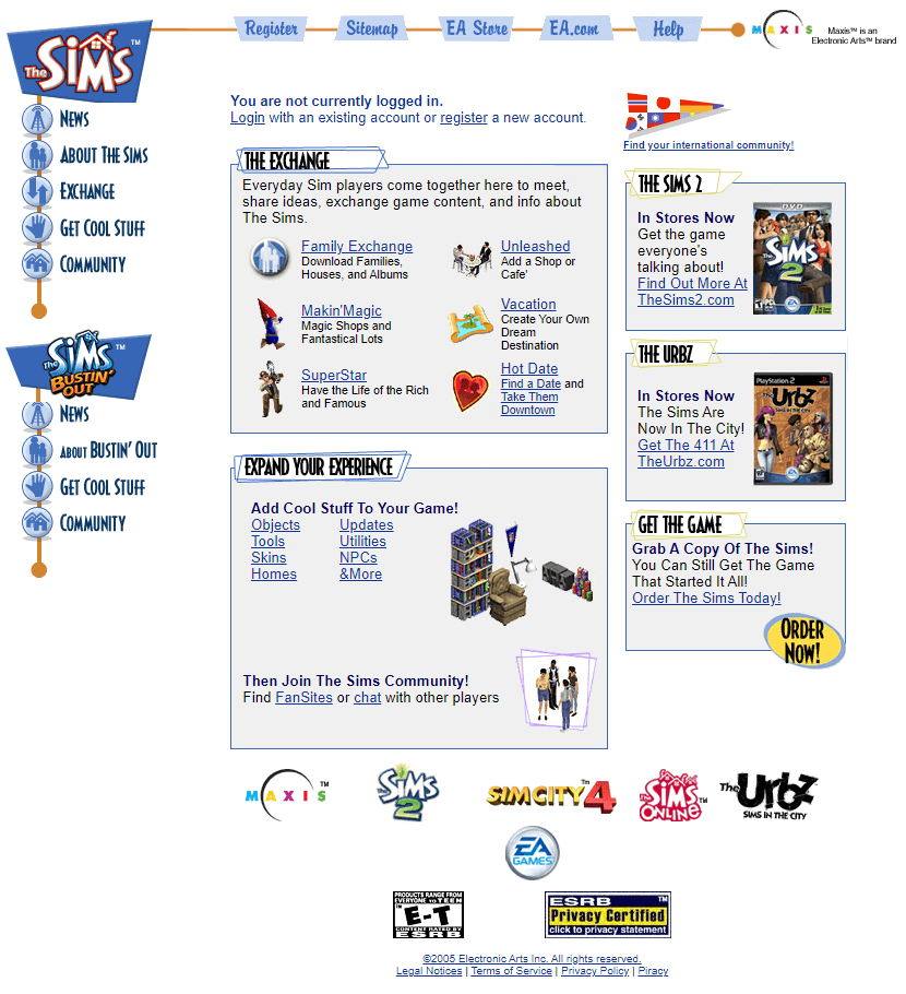 The Sims website in 2005