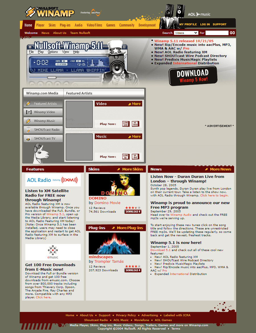 Winamp website in 2005