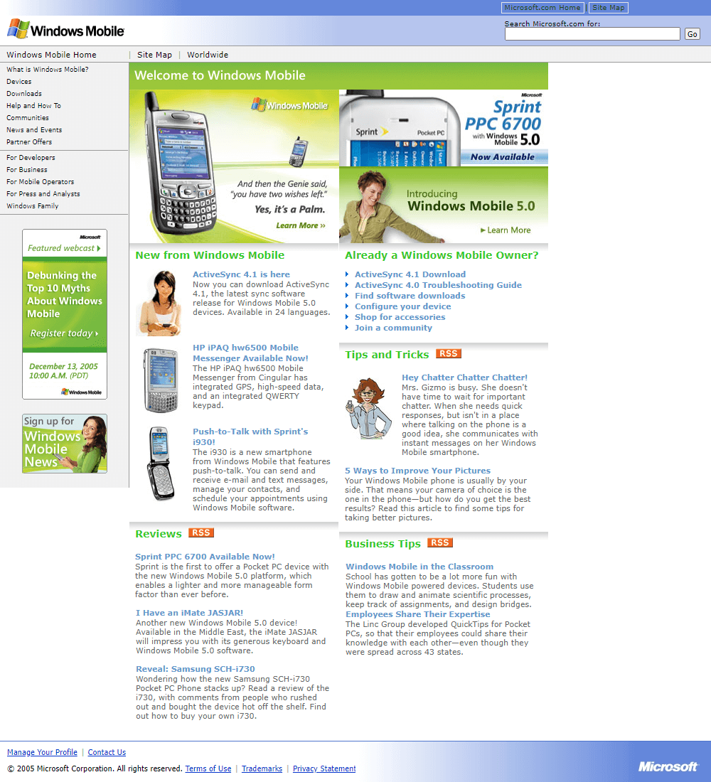 Windows Mobile website in 2005