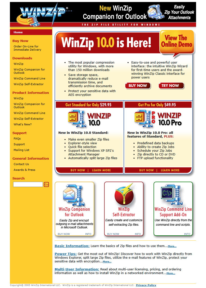 WinZip website in 2005