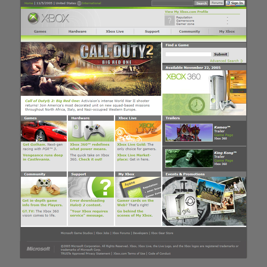 Xbox website in 2005