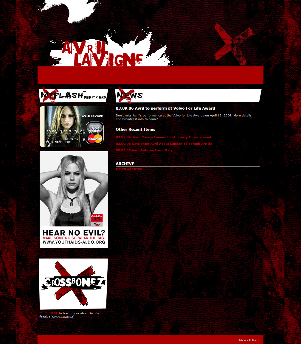 Avril Lavigne website in 2006