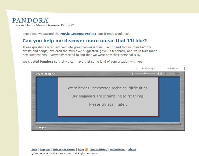 Pandora website in 2006