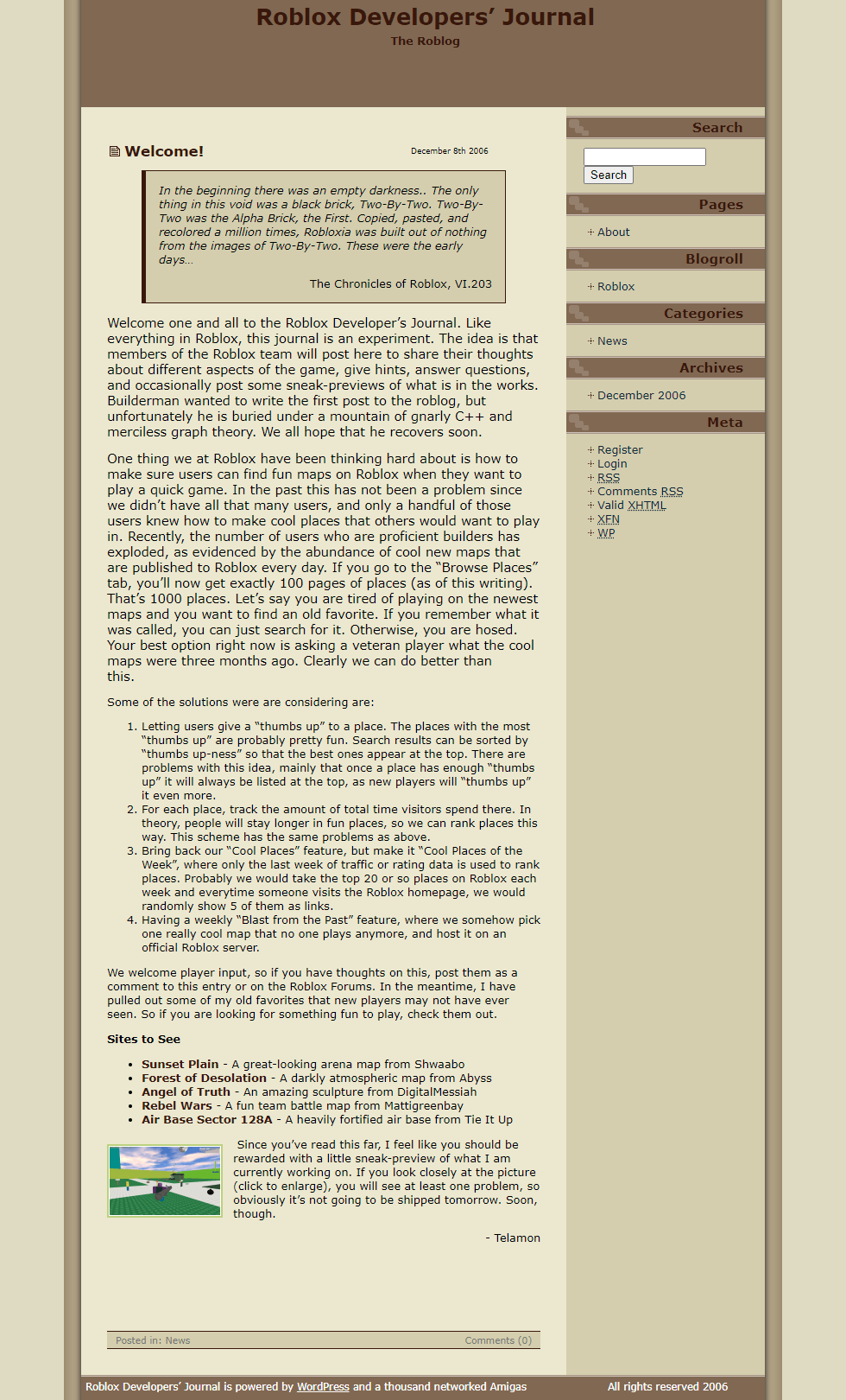 Roblox Developers' Journal website in 2006