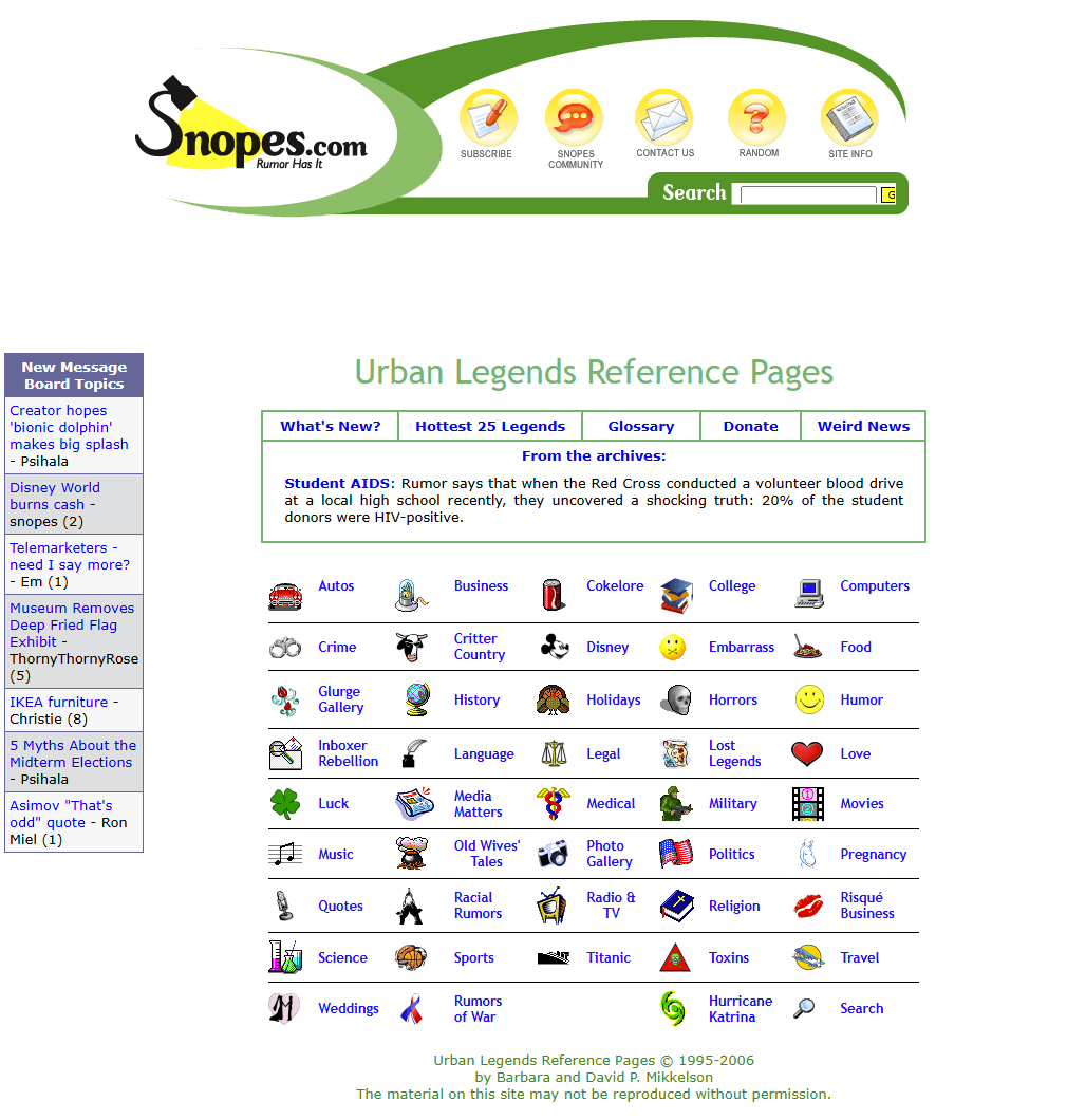 Snopes website in 2006