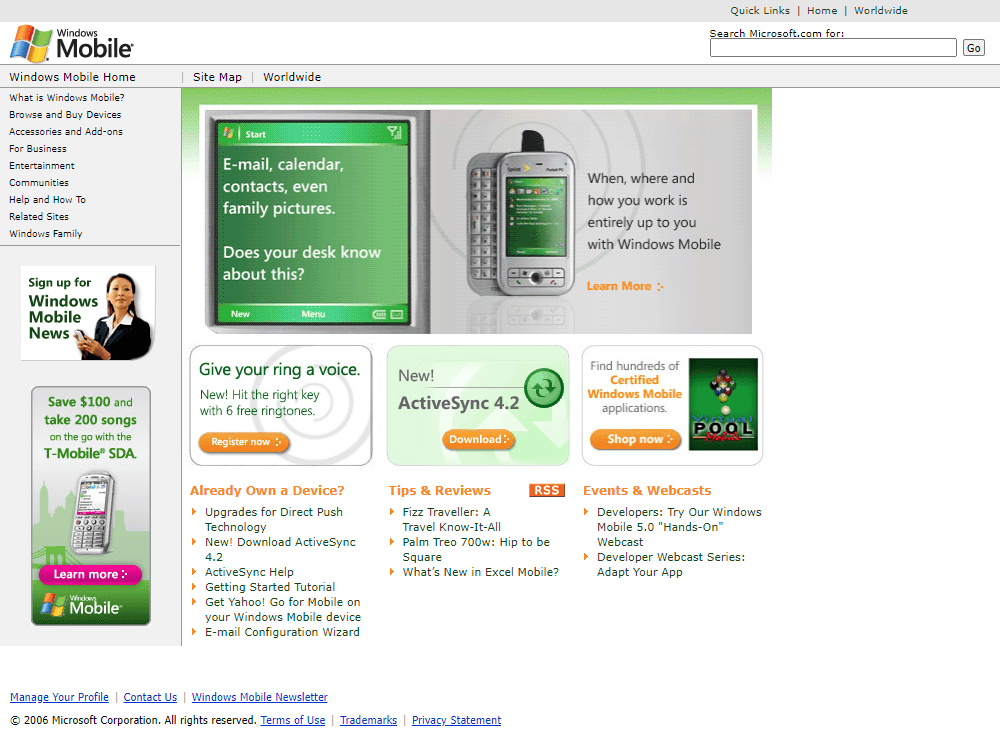 Windows Mobile website in 2006