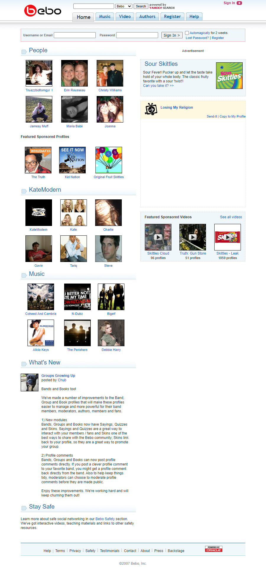 Bebo website in 2007