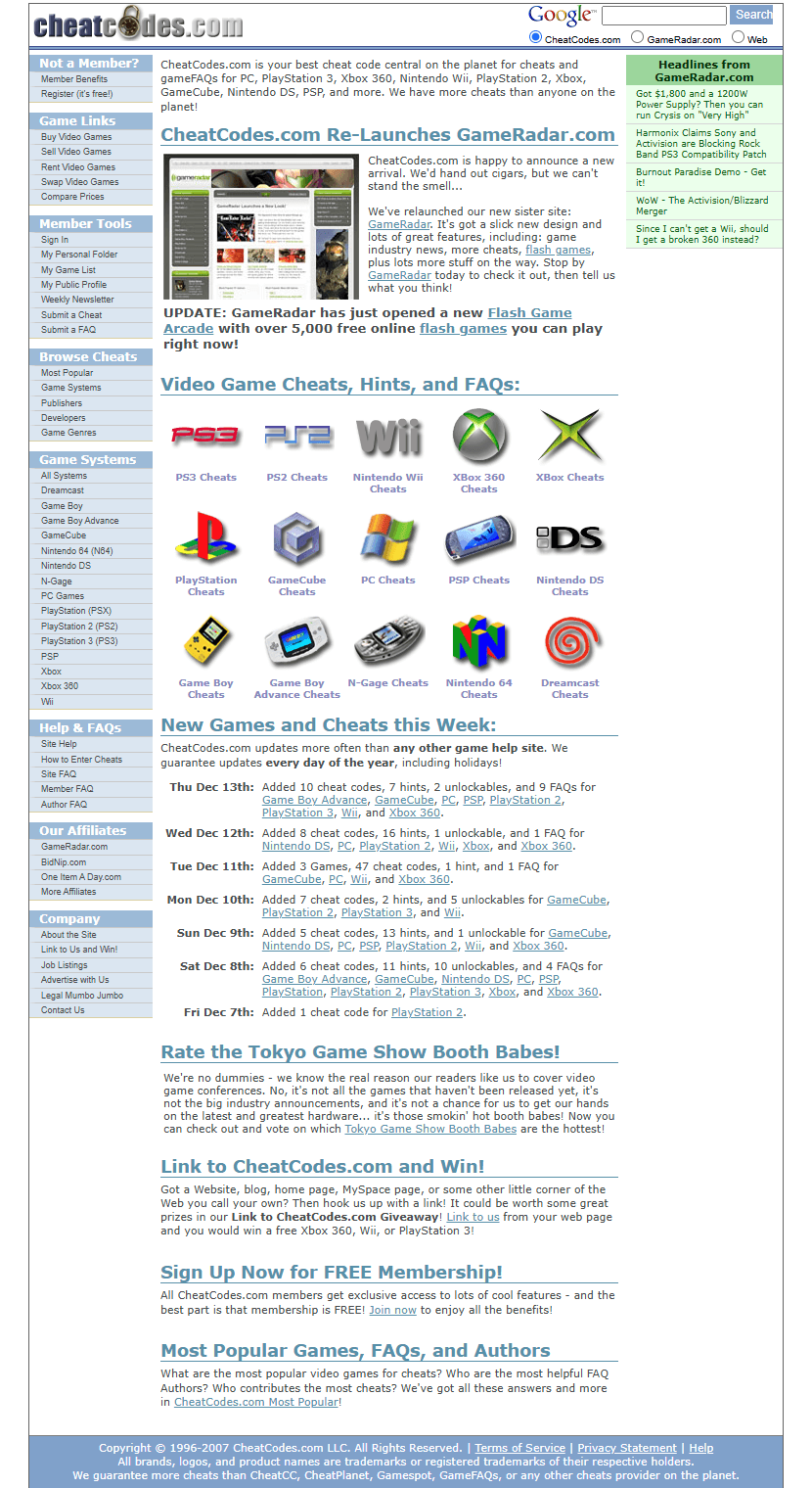 CheatCodes.com website in 2007