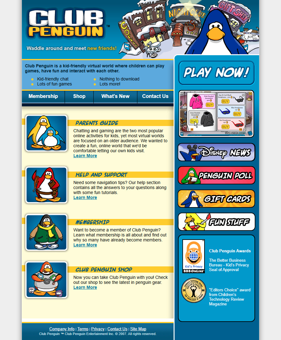 Club Penguin website in 2007