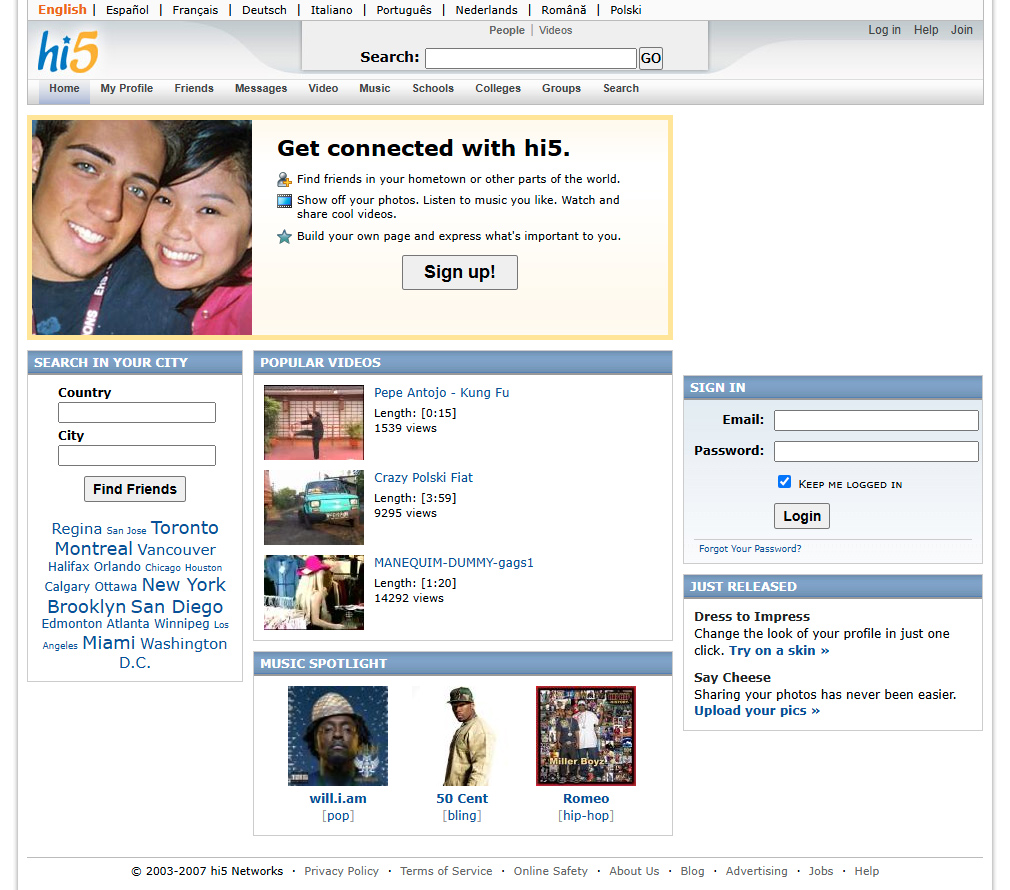 Hi5 website in 2007