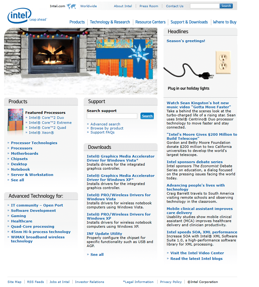 Intel website in 2007