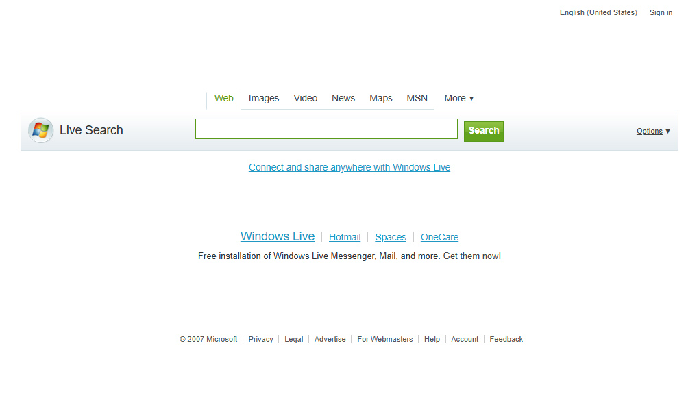 Live Search website in 2007