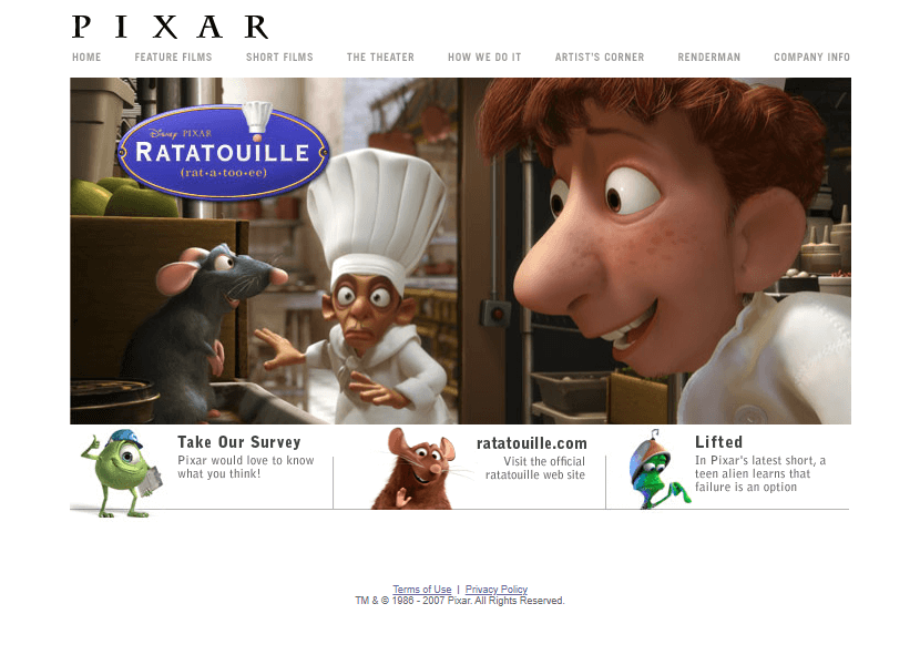 Pixar website in 2007