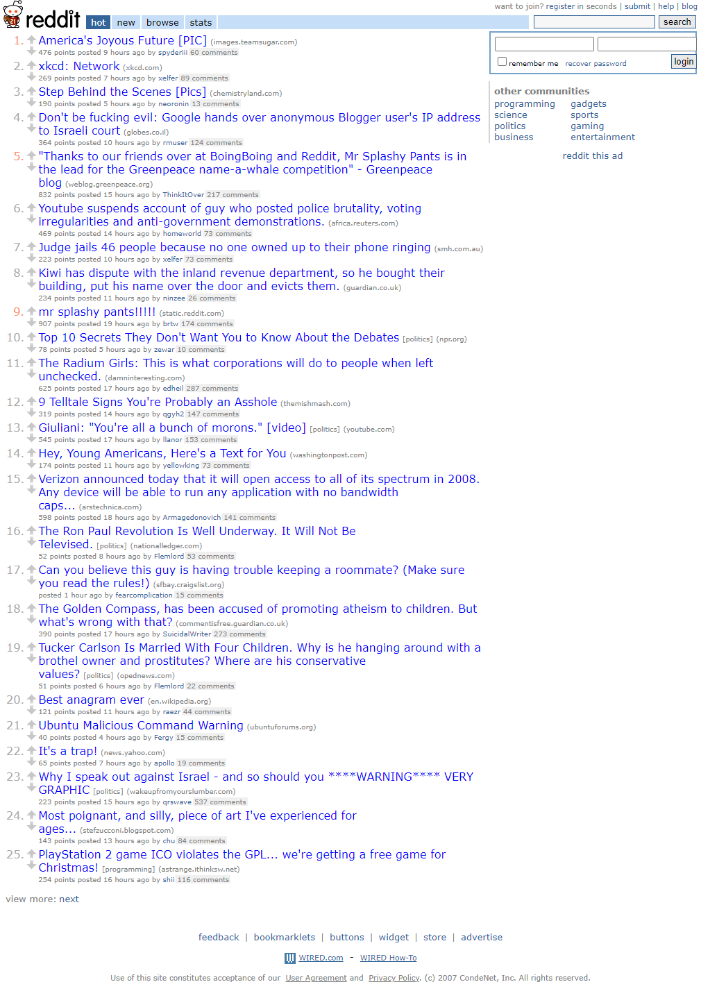 Reddit website in 2007