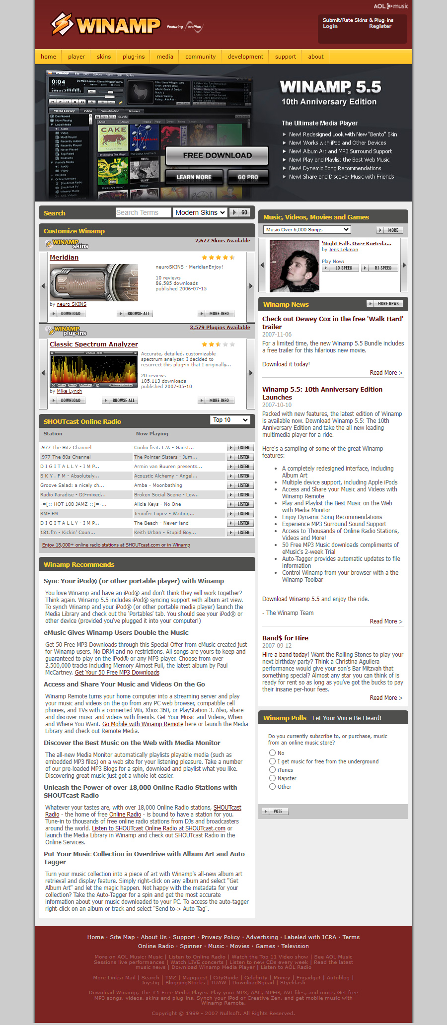 Winamp website in 2007