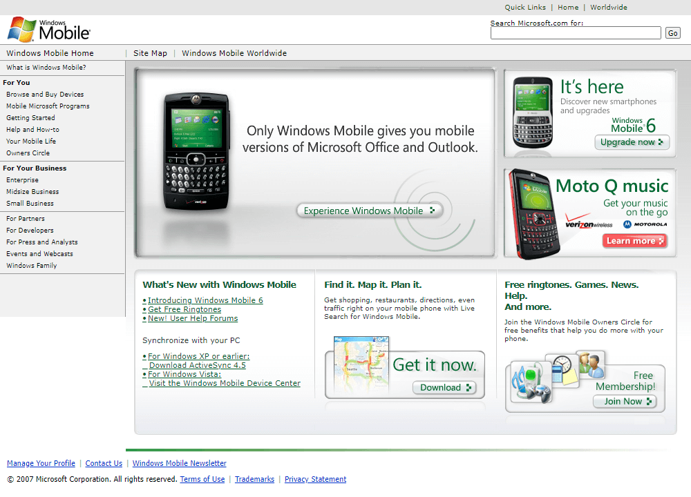 Windows Mobile website in 2007