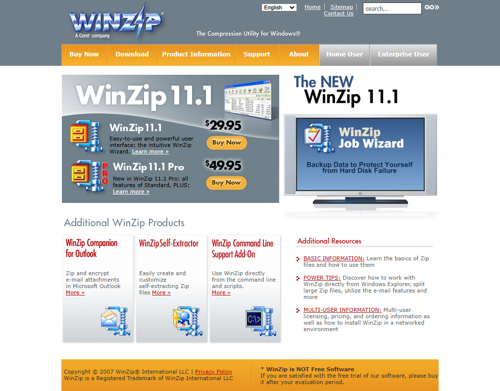 WinZip website in 2007