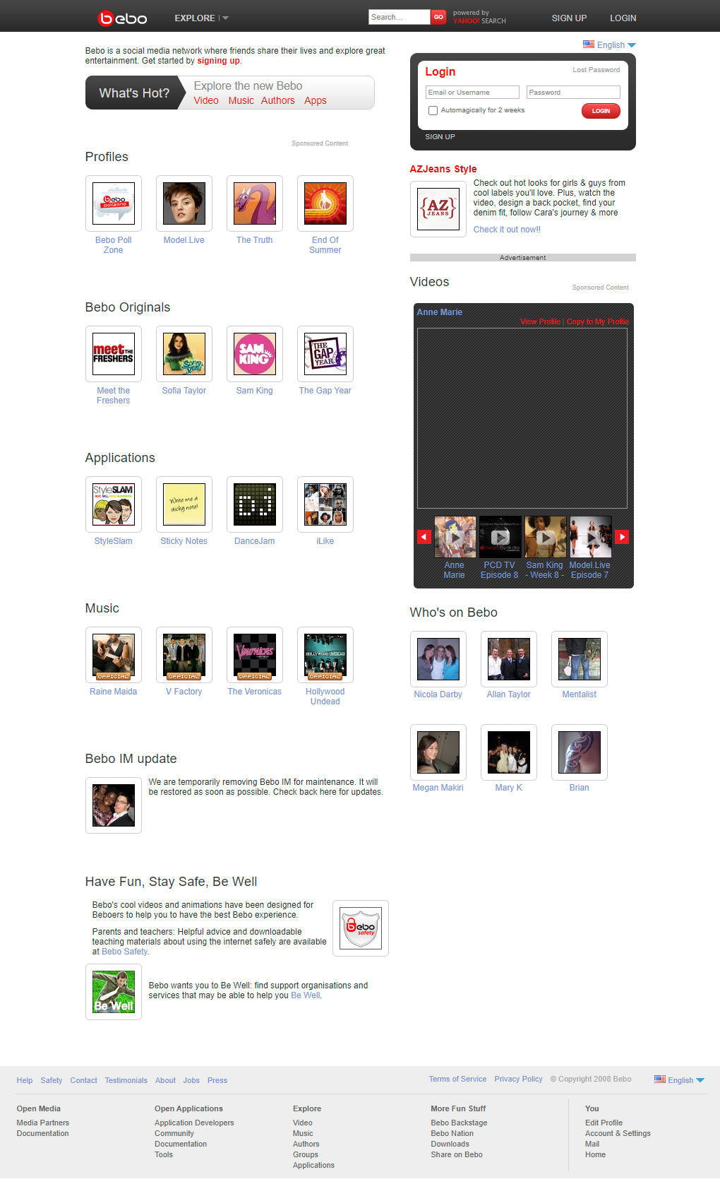 Bebo website in 2008