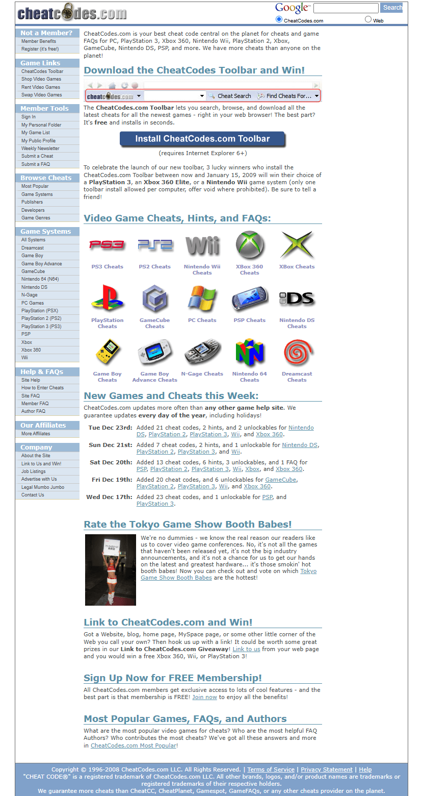 CheatCodes.com website in 2008