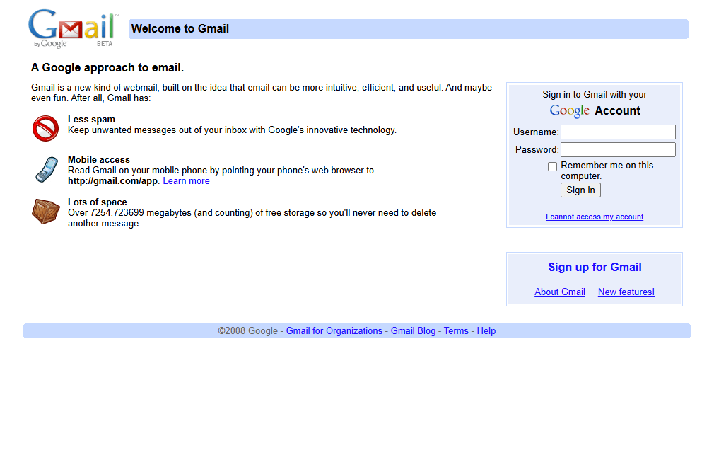Gmail website in 2008