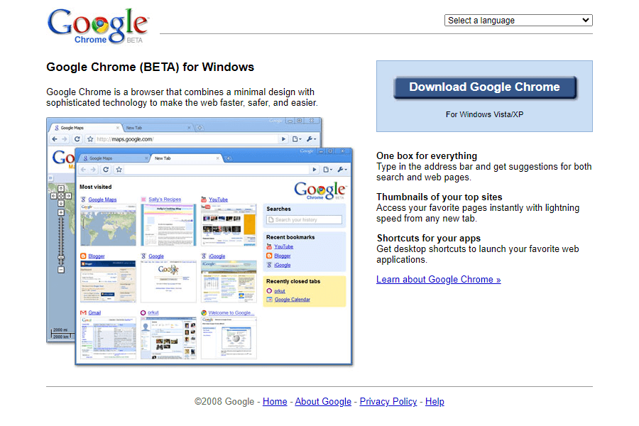 Google Chrome website in 2008
