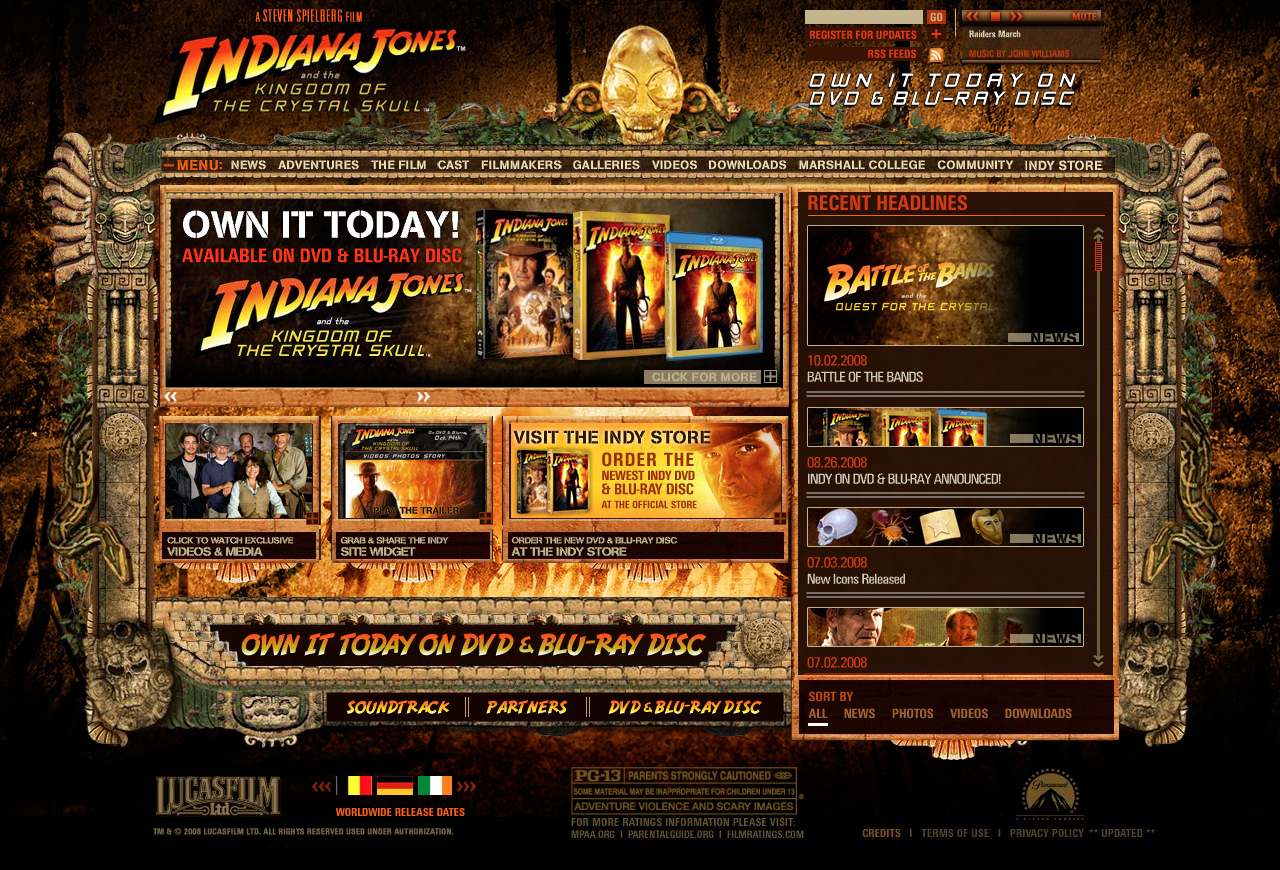 Indiana Jones and the Kingdom of the Crystal Skull flash website in 2008