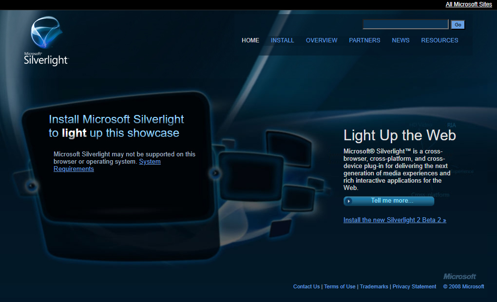 Microsoft Silverlight website in 2008