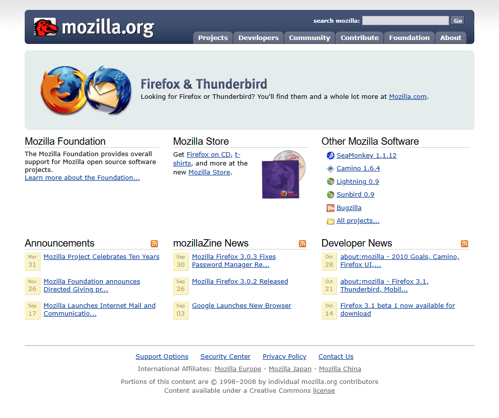 Mozilla.org website in 2008