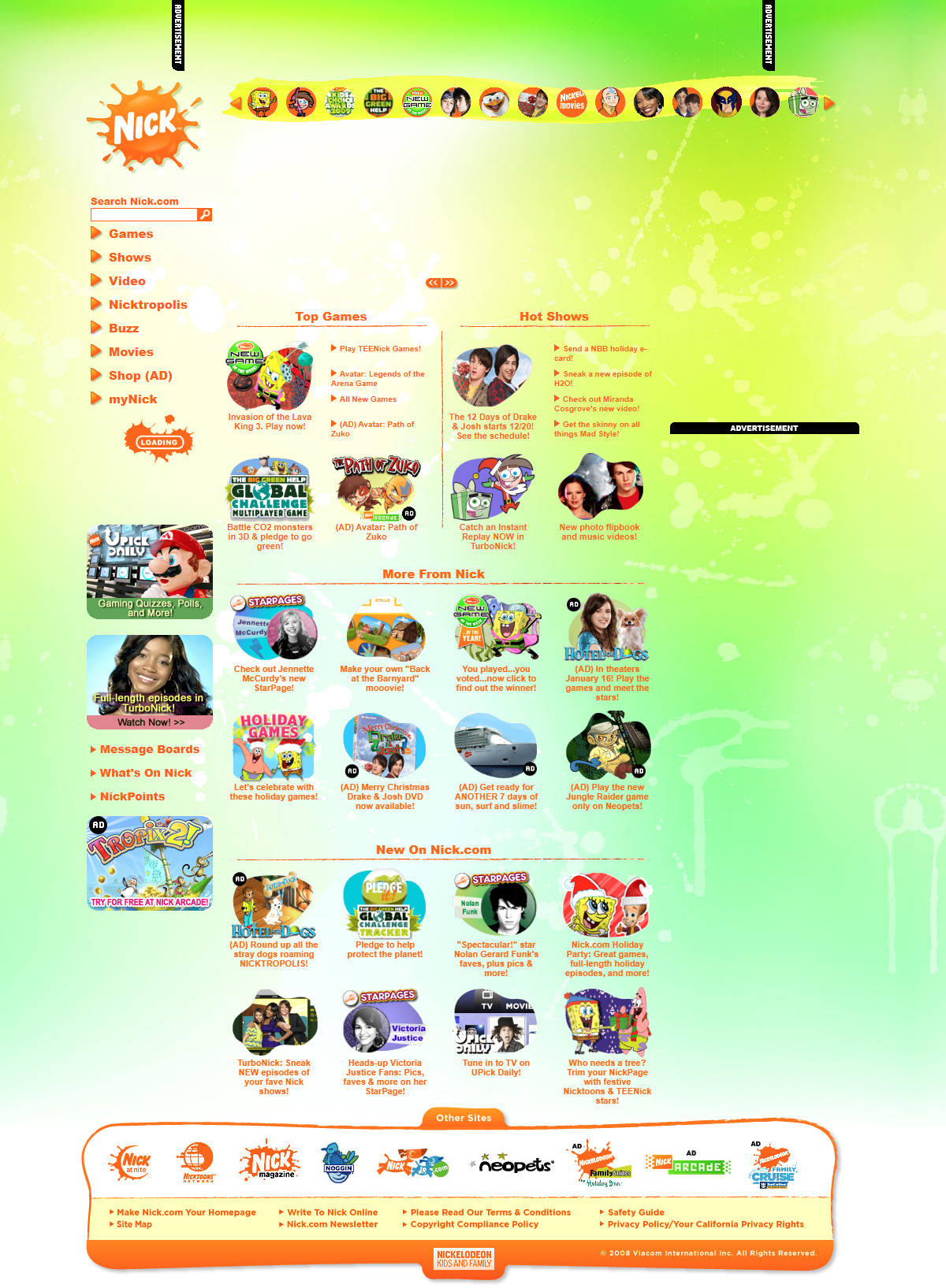 Nickelodeon website in 2008