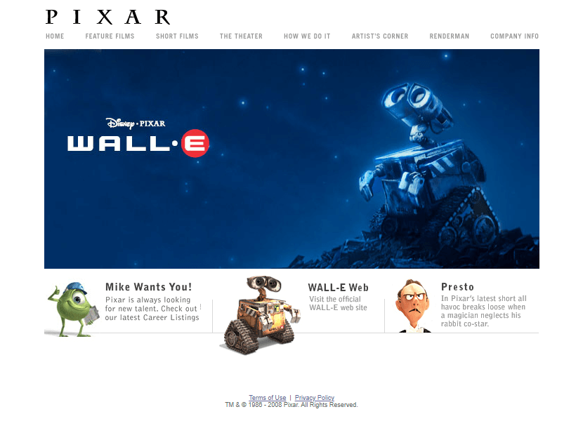 Pixar website in 2008