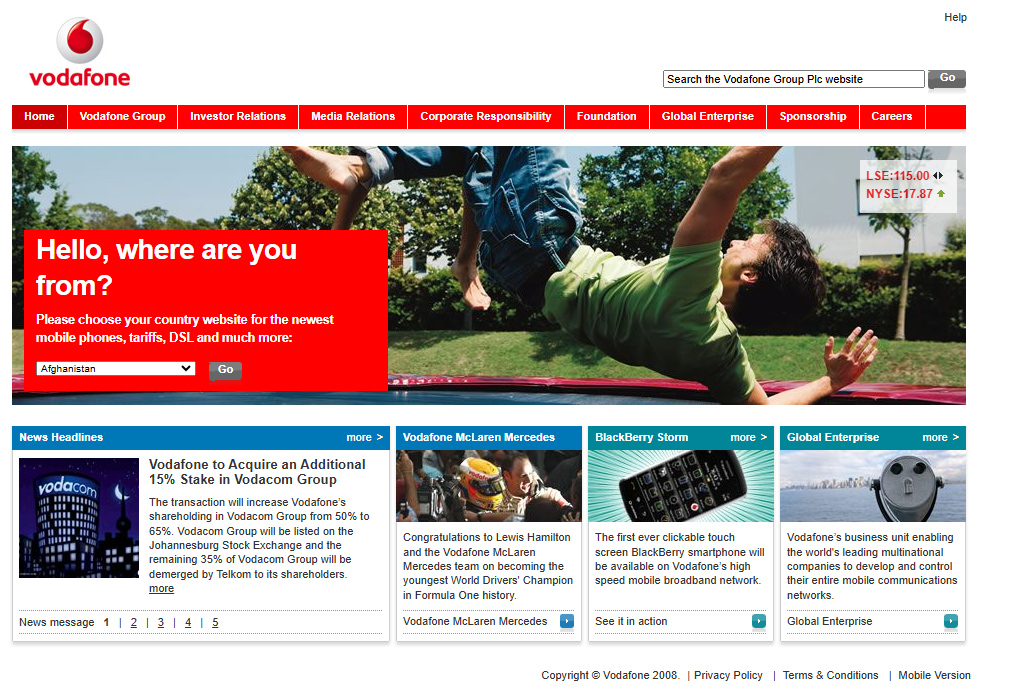 Vodafone website in 2008