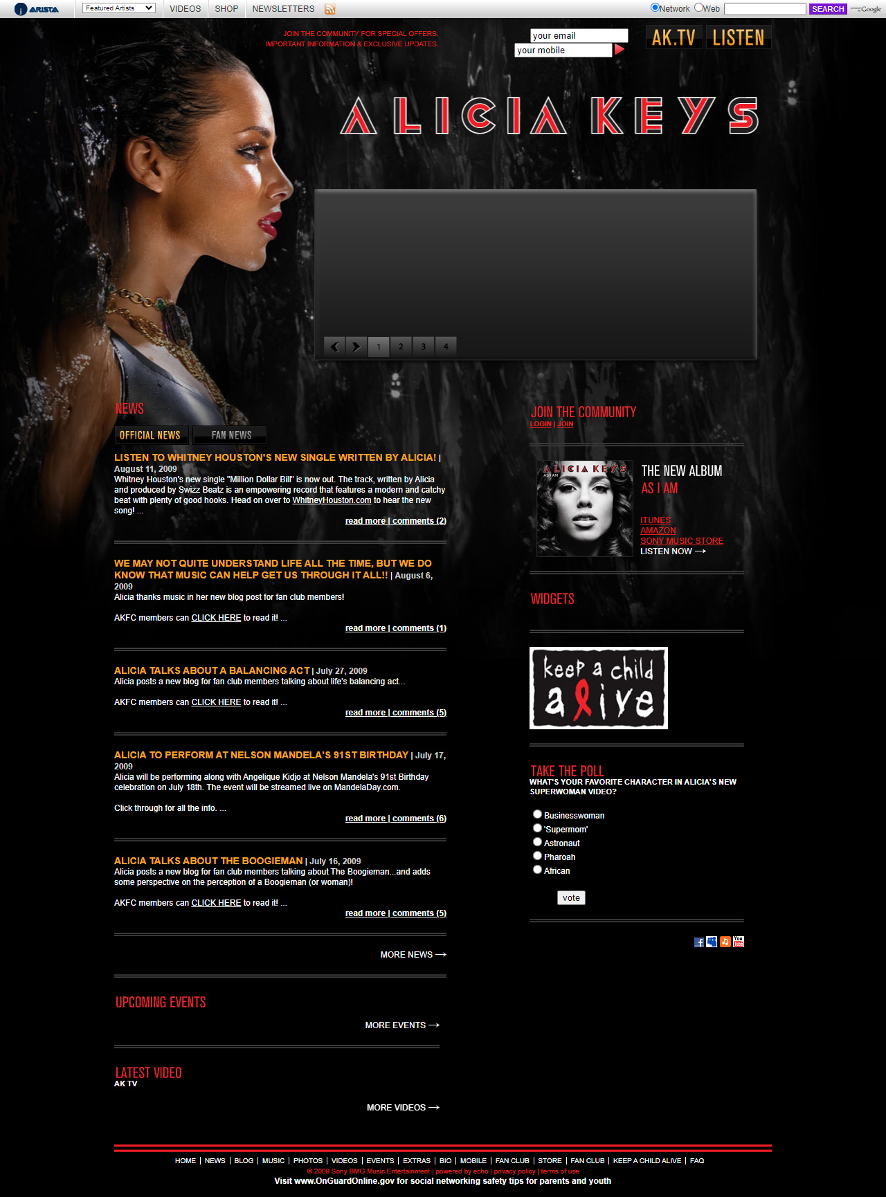 Alicia Keys website in 2009