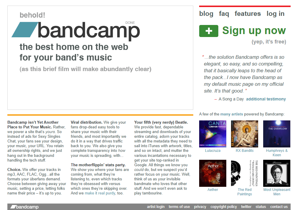 Bandcamp website in 2009