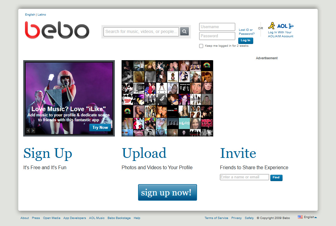 Bebo website in 2009