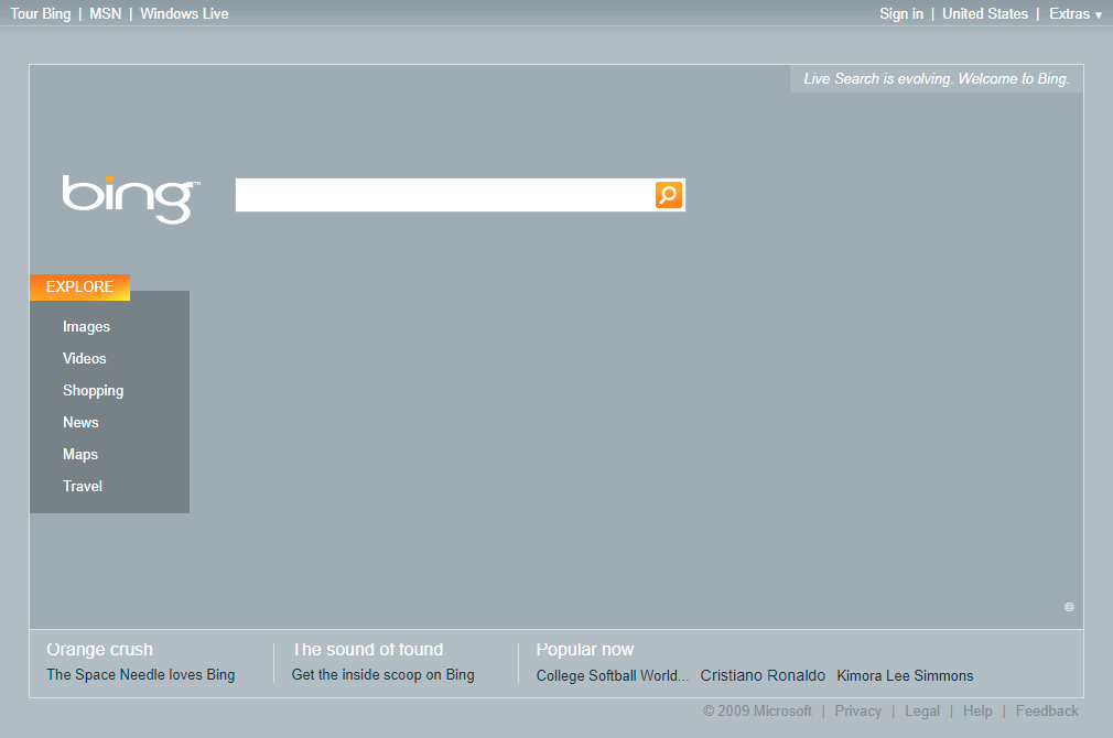 Bing website in 2009