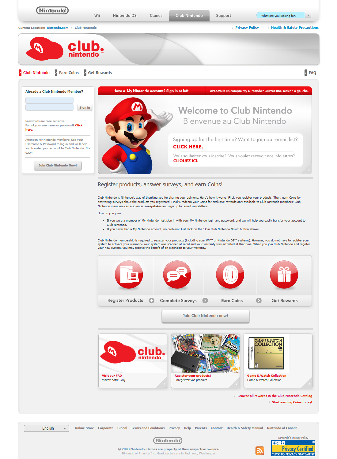 Club Nintendo website in 2009