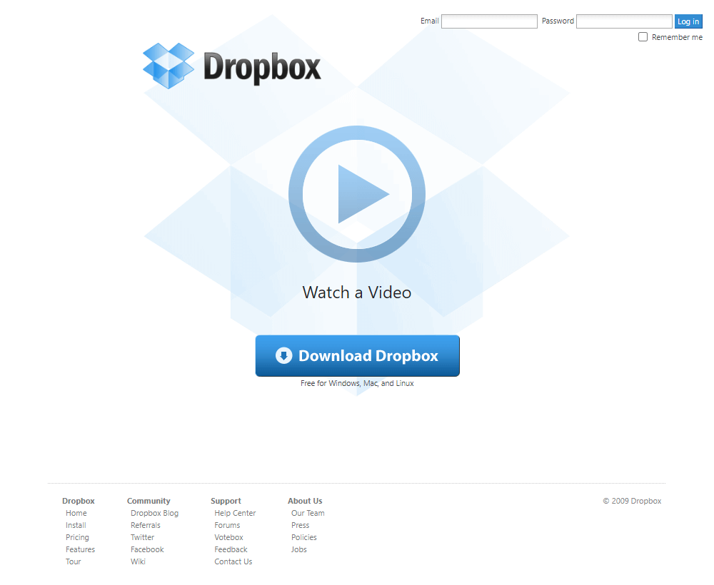 Dropbox website in 2009