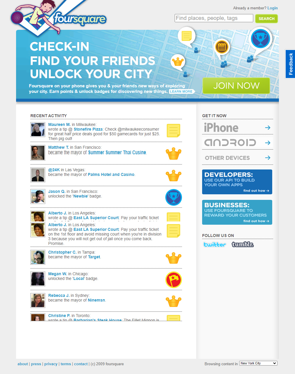 Foursquare website in 2009