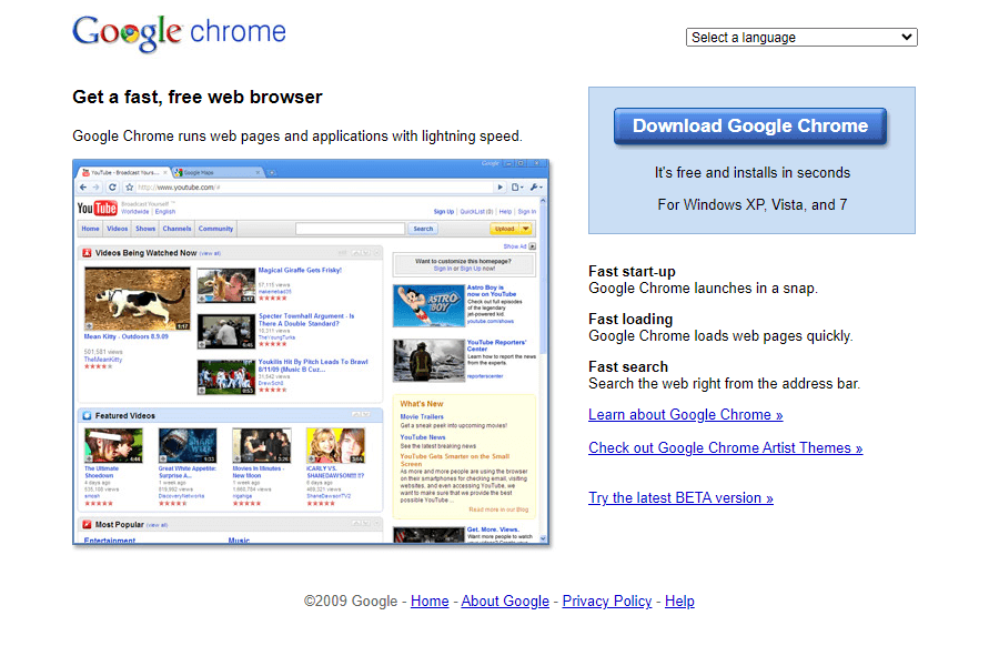 Google Chrome website in 2009